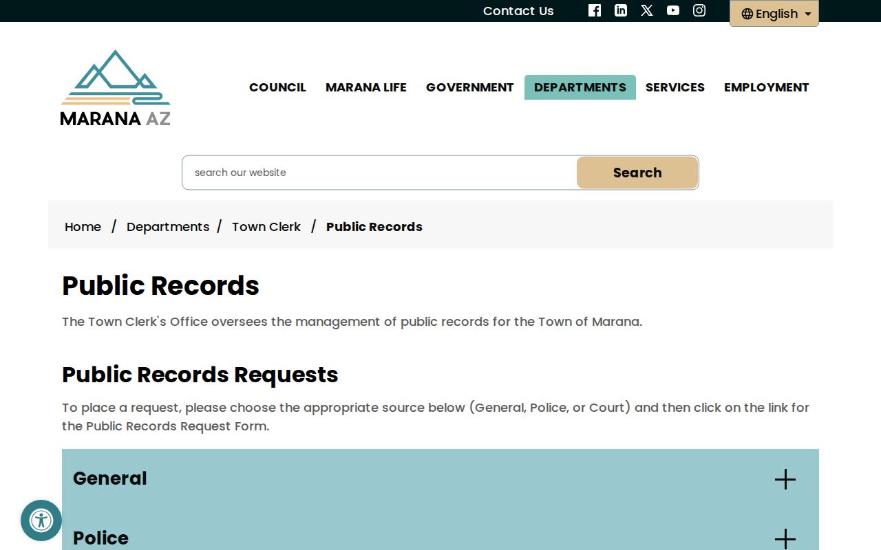 Marana residents directory Town public records request routes